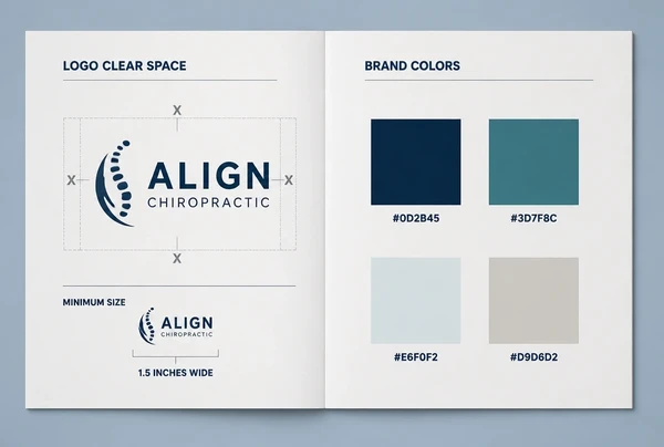 A chiropractic clinic brand guidelines book open at a spread showing logo clear space and colour codes