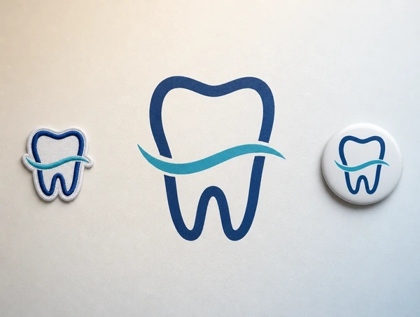 One dental practice brand icon shown large painted, small embroidered and as a round badge