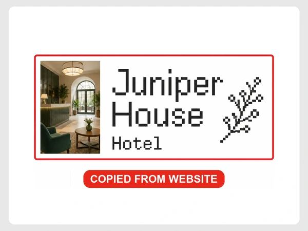 Juniper House Hotel has a print proof with a blocky pixelated logo copied from its website.