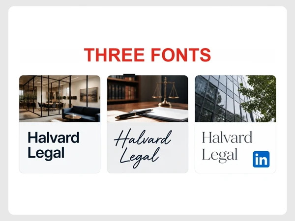 Halvard Legal displays its name in different script, heavy block, and thin serif fonts across three channels.
