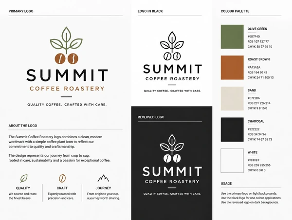 A logo presentation board for a coffee roastery in colour, black and reversed white beside its palette