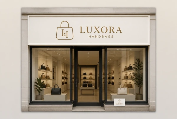 A new handbag brand logo on a shopfront sign, with the same logo on a small card below