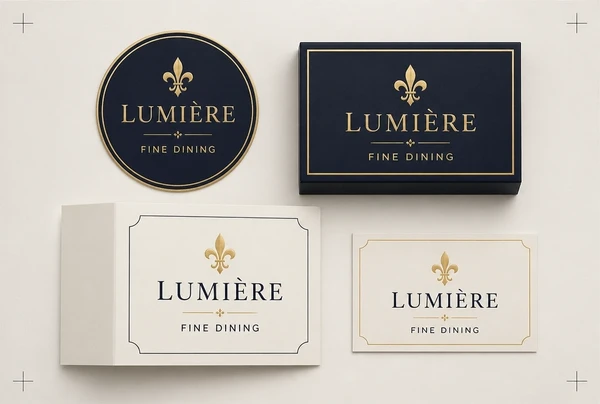 Print ready fine dining restaurant artwork showing a label, a box, a leaflet and a name card in one identity