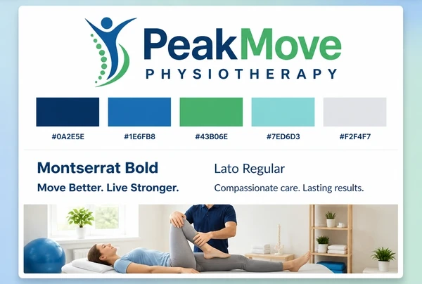 A printed identity board for a physiotherapy practice showing logo, colours, two typefaces and one photo style
