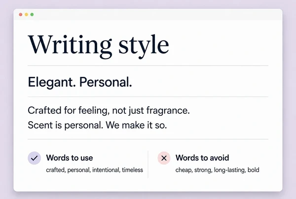 A printed writing style page for a perfumery showing tone words and example sentences