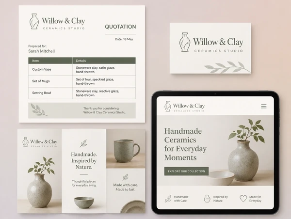 A quotation, name card, leaflet and website header for a ceramics studio sharing one identity