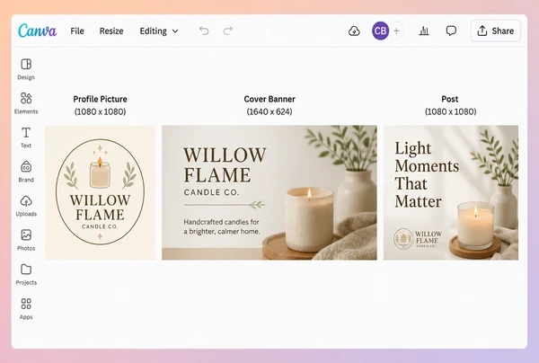 A social template sheet for a candle maker showing profile, cover and post layouts in one brand
