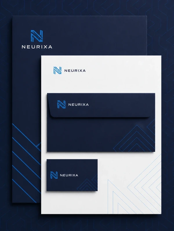 A tall stack of matching stationery for a technology firm, folder, letterhead, envelope and name card
