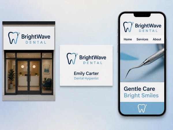One dental practice logo shown on a shopfront sign, a business card and a phone home page header