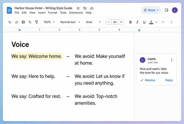 A Google Doc holding a hotel writing style guide with three say and avoid lines and one comment