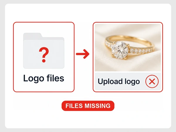 Seraphine Jewelry has an empty logo folder and a failed logo upload on its print order.