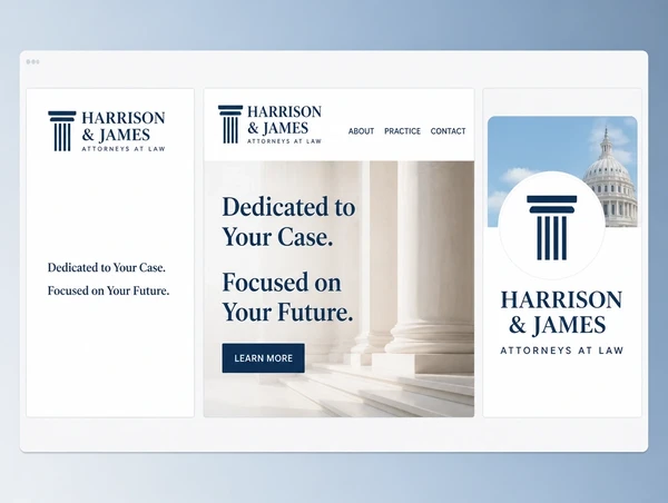 One law practice logo used the same way on a letterhead, a website header and a social profile
