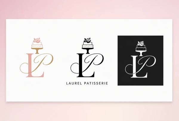 A logo board showing one patisserie logo in colour, in black and reversed white on a dark square