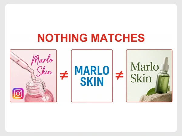 Marlo Skin appears in mismatched pink, blue, and green styles across Instagram, its website, and a business card.