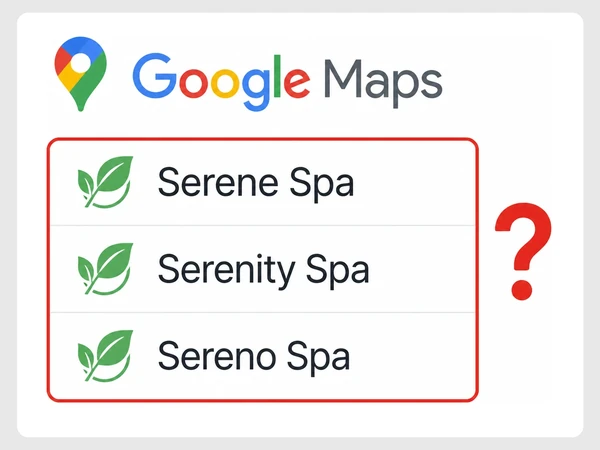 Google Maps lists Serene Spa, Serenity Spa, and Sereno Spa with identical green leaf logos.