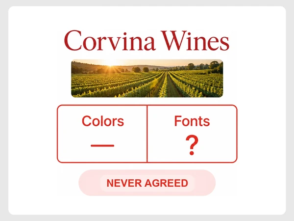 Corvina Wines has a brand guide with no colors selected and an unanswered fonts row.