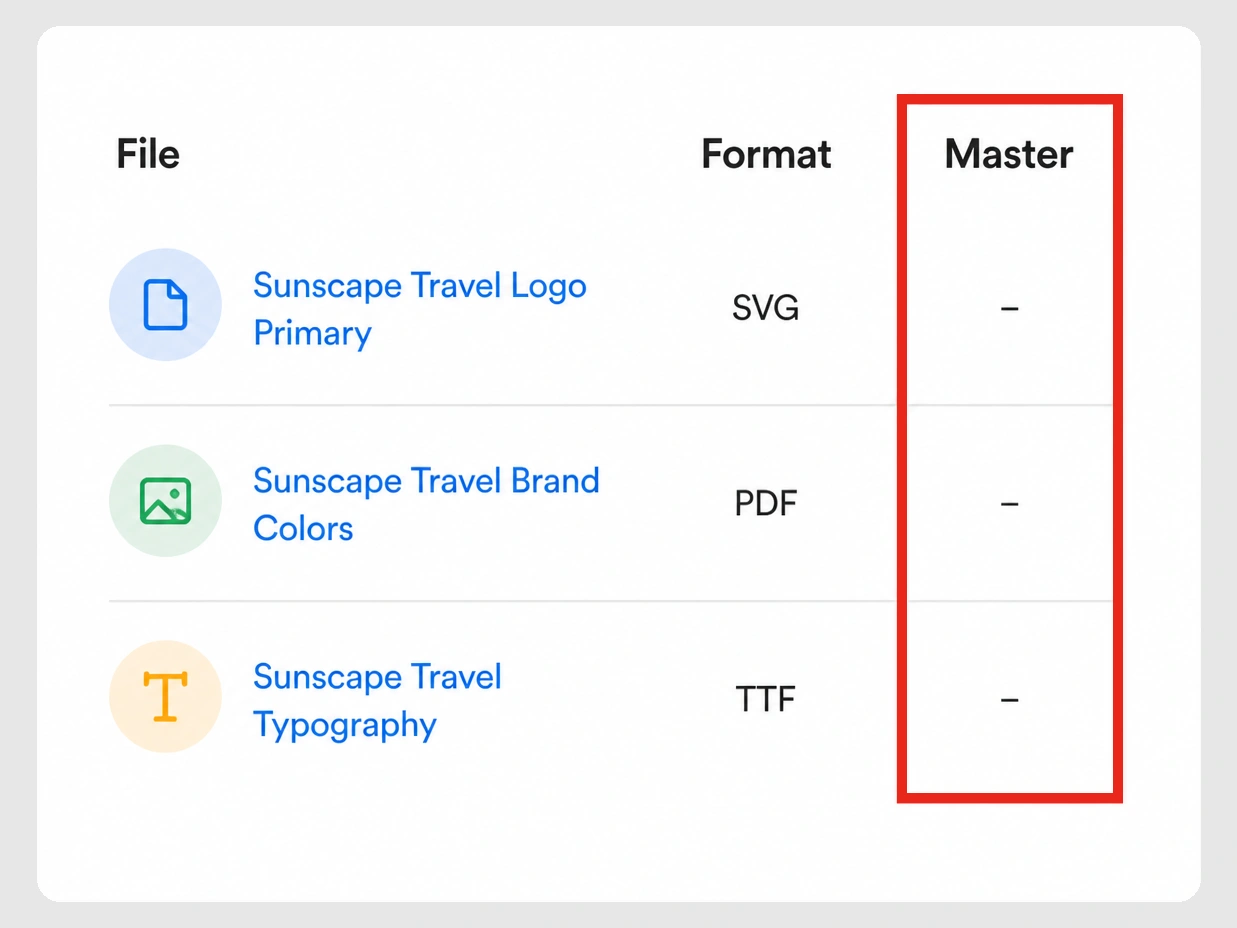 Three agency brand files with a Master column of dashes