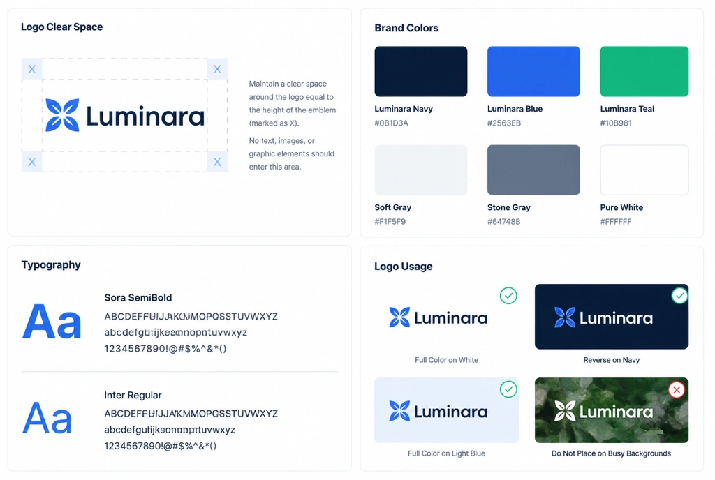 A brand guideline spread setting out logo clear space, colour codes and two typefaces