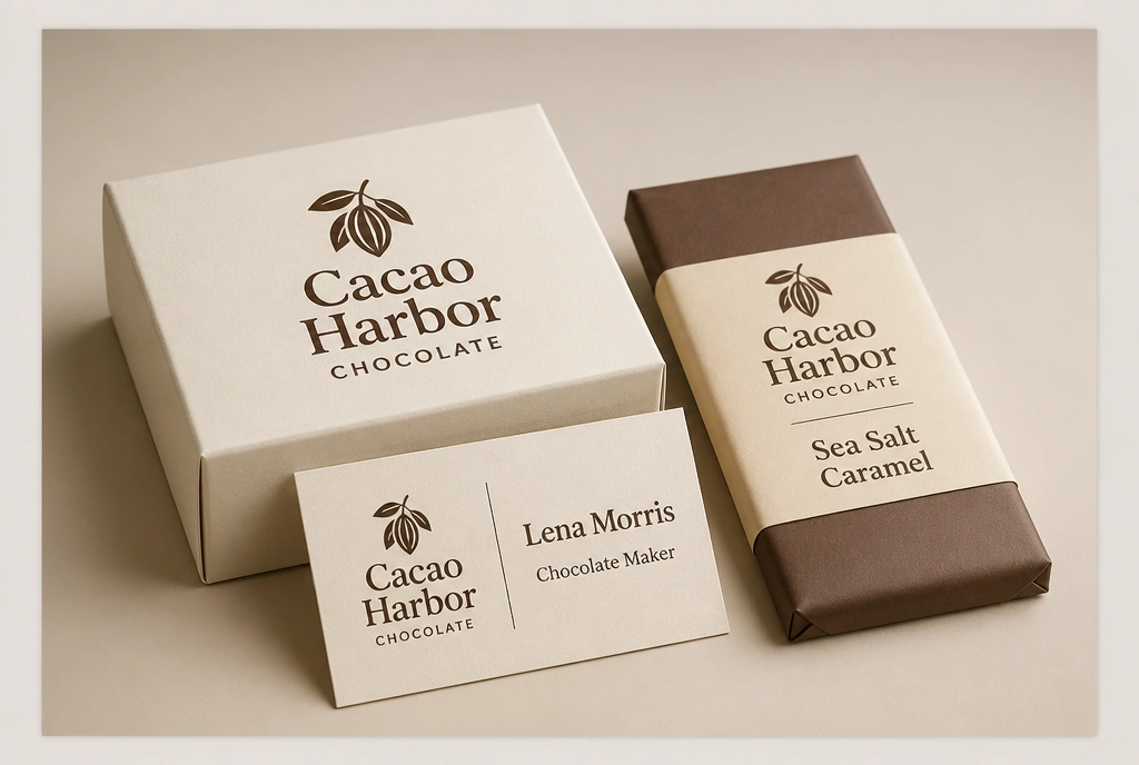 A chocolate box, a wrapped bar and a business card sharing one logo and one colour palette