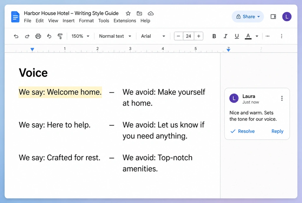 A Google Doc holding a hotel writing style guide with three say and avoid lines and one comment