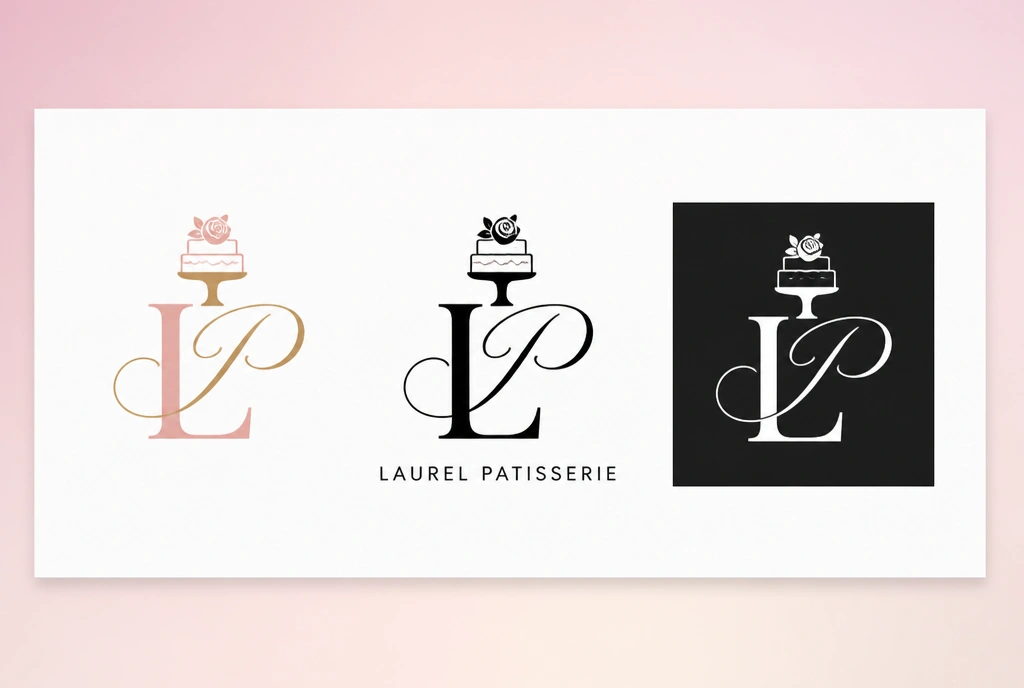 A logo board showing one patisserie logo in colour, in black and reversed white on a dark square