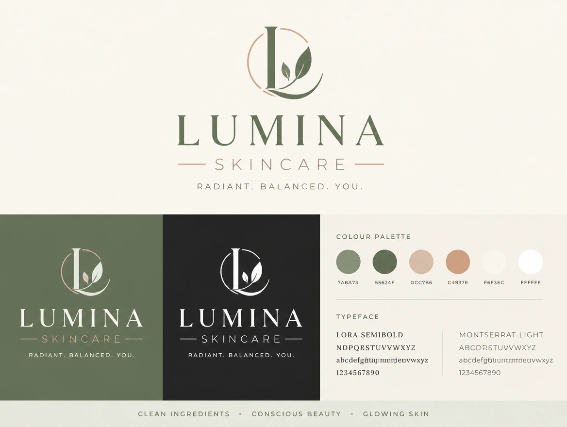 A logo presentation board showing one logo in colour, black and white with its colour swatches