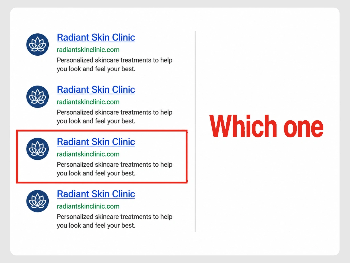 Four near identical clinic listings with no way to tell one from another