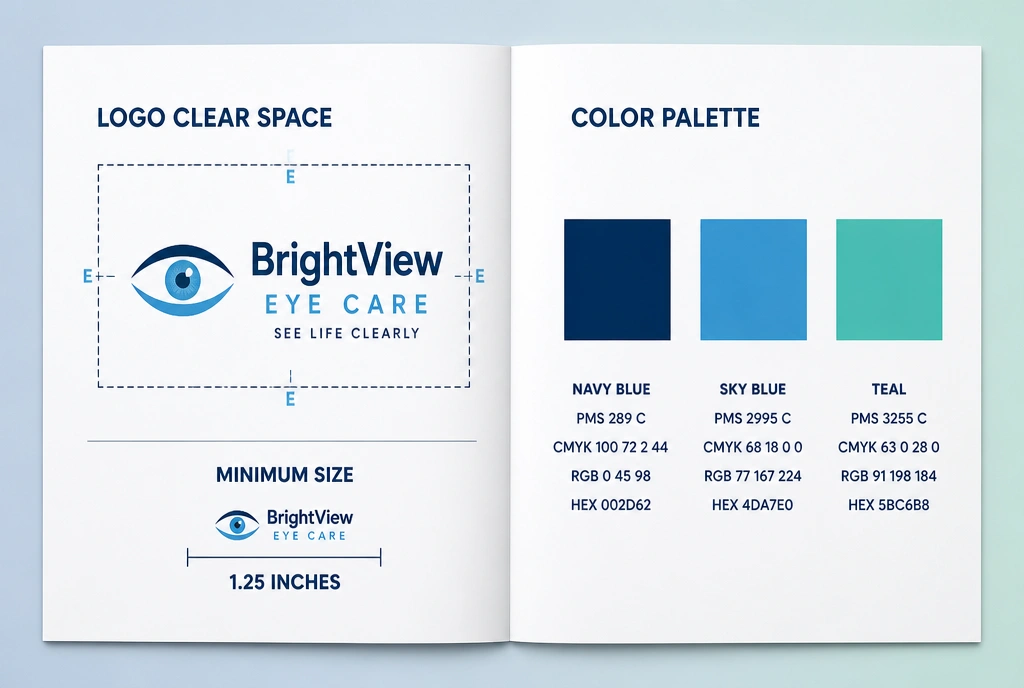 Open brand guideline pages showing logo clear space and three colour blocks with their codes