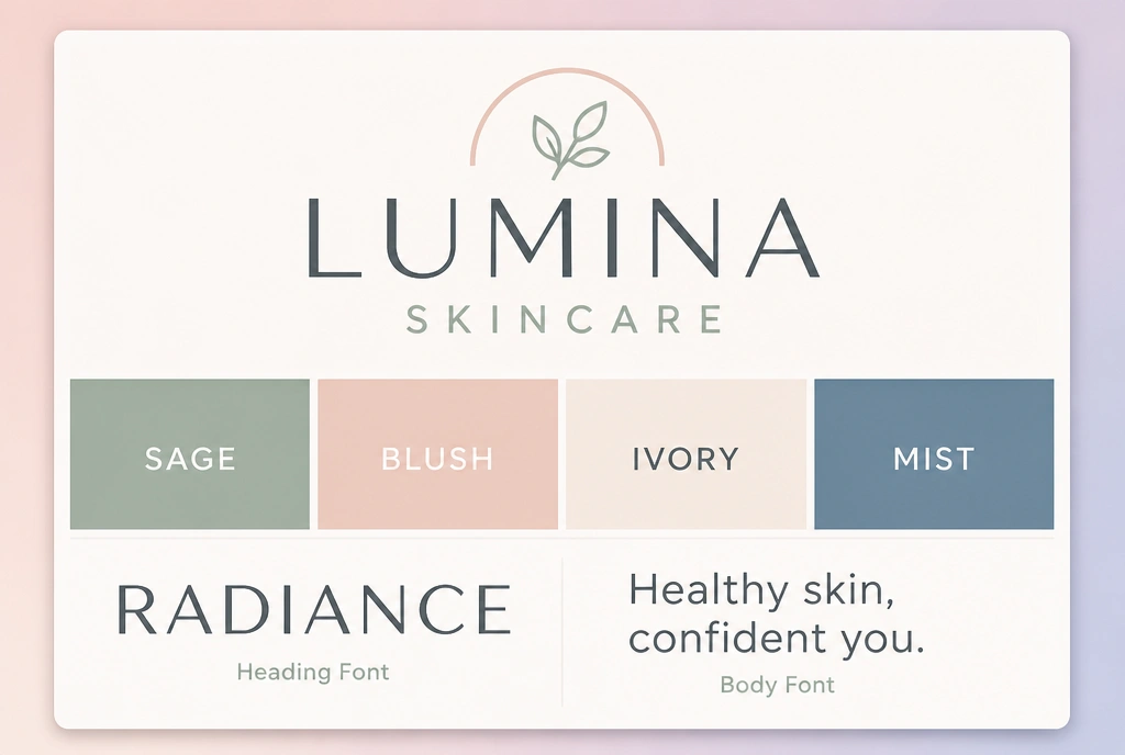 A skincare brand identity sheet showing the logo, four named colour swatches and two typeface samples