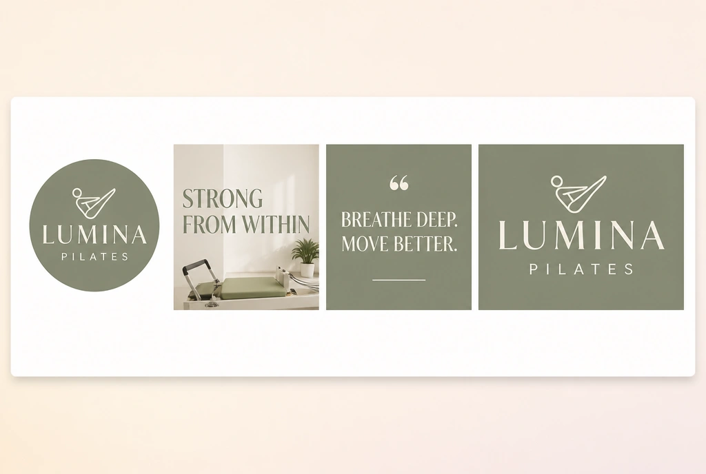 Four social templates for a pilates studio sharing one logo, one colour and one typeface