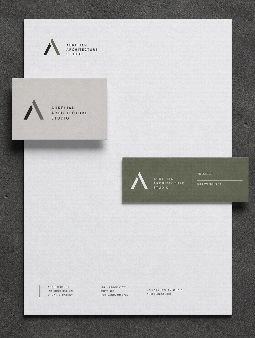 A stack of brand stationery, a business card, a letterhead and a label, sharing one logo