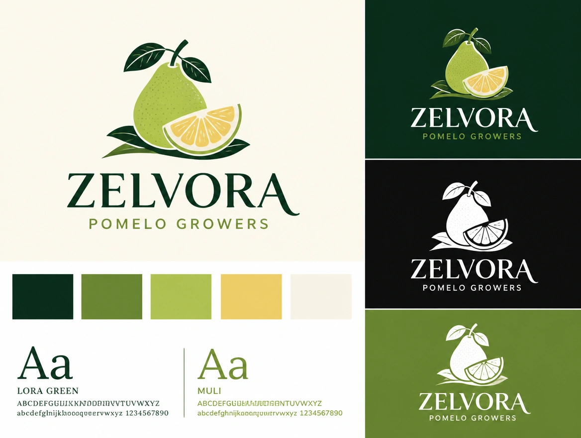 A logo presentation board for a pomelo grower in colour, black and reversed white beside its palette