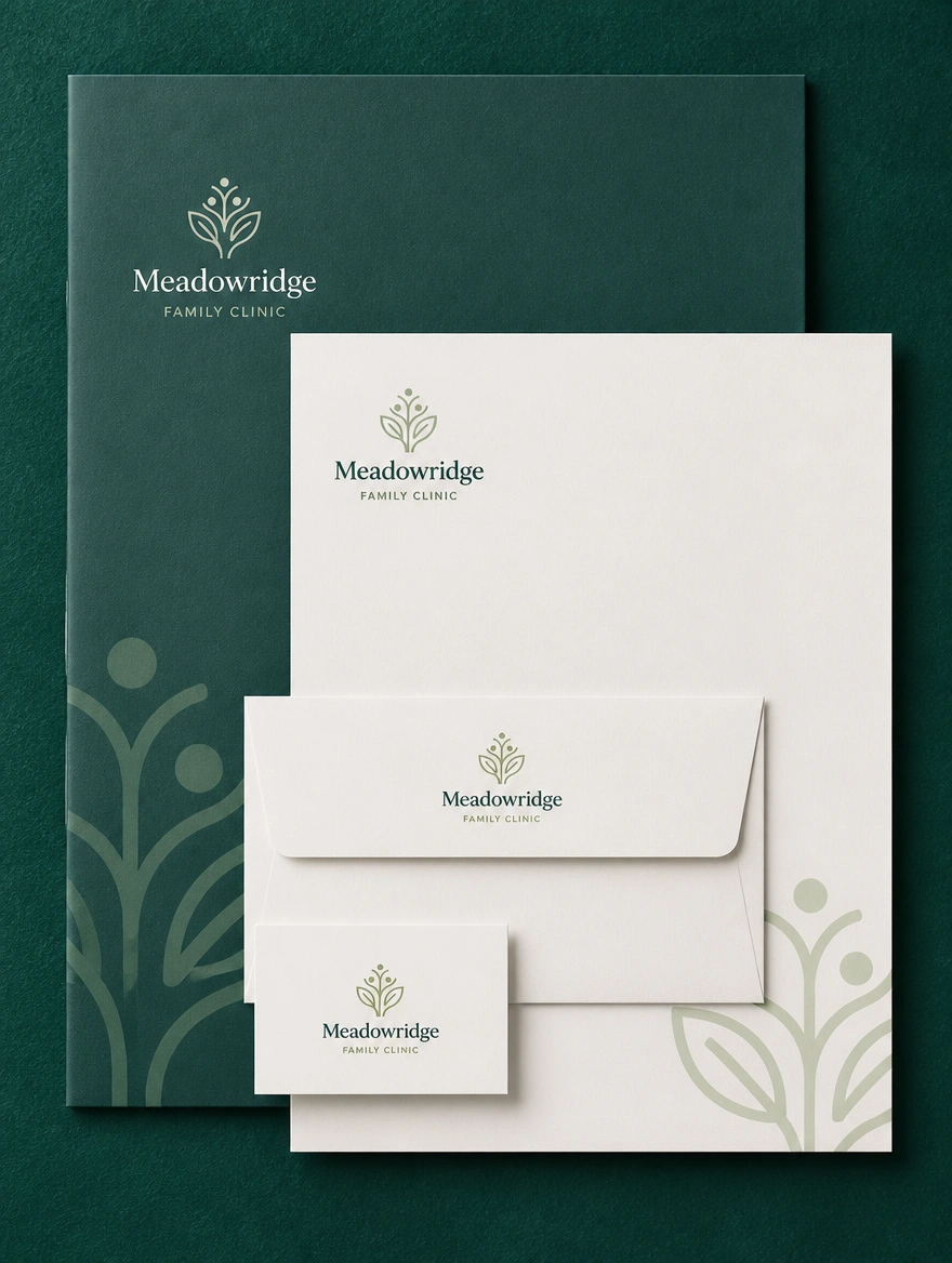 A tall stack of matching stationery for a family clinic, folder, letterhead, envelope and name card