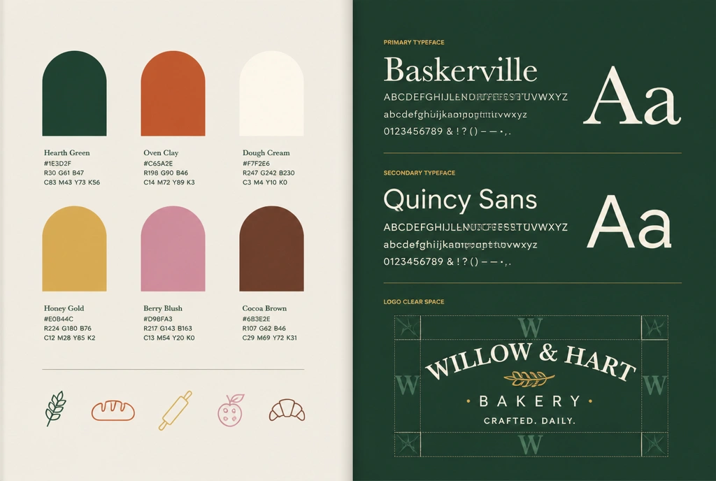 A brand guideline spread for a bakery chain showing colour codes, type and logo clear space