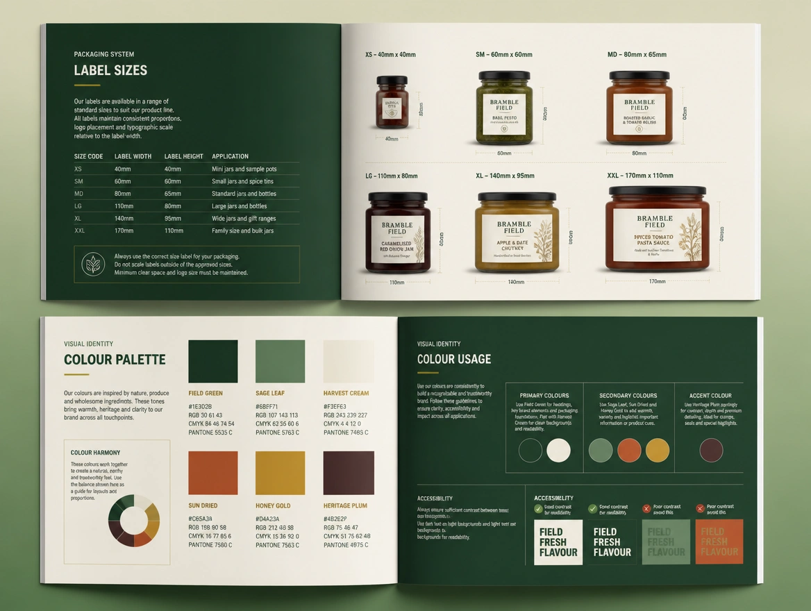Two spreads of a brand guide showing label sizes and named colour codes for a food producer