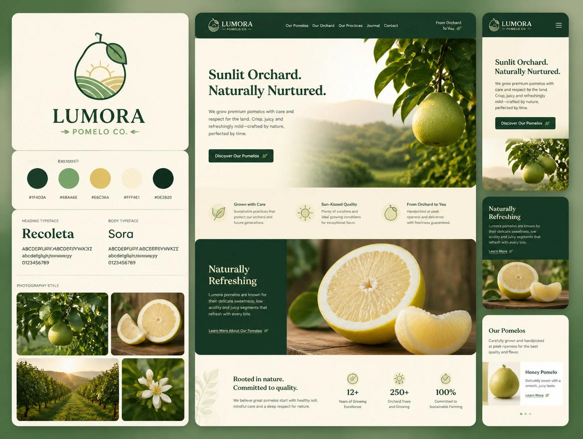 An identity board for a pomelo grower pairing the logo with swatches, two typefaces and photo style