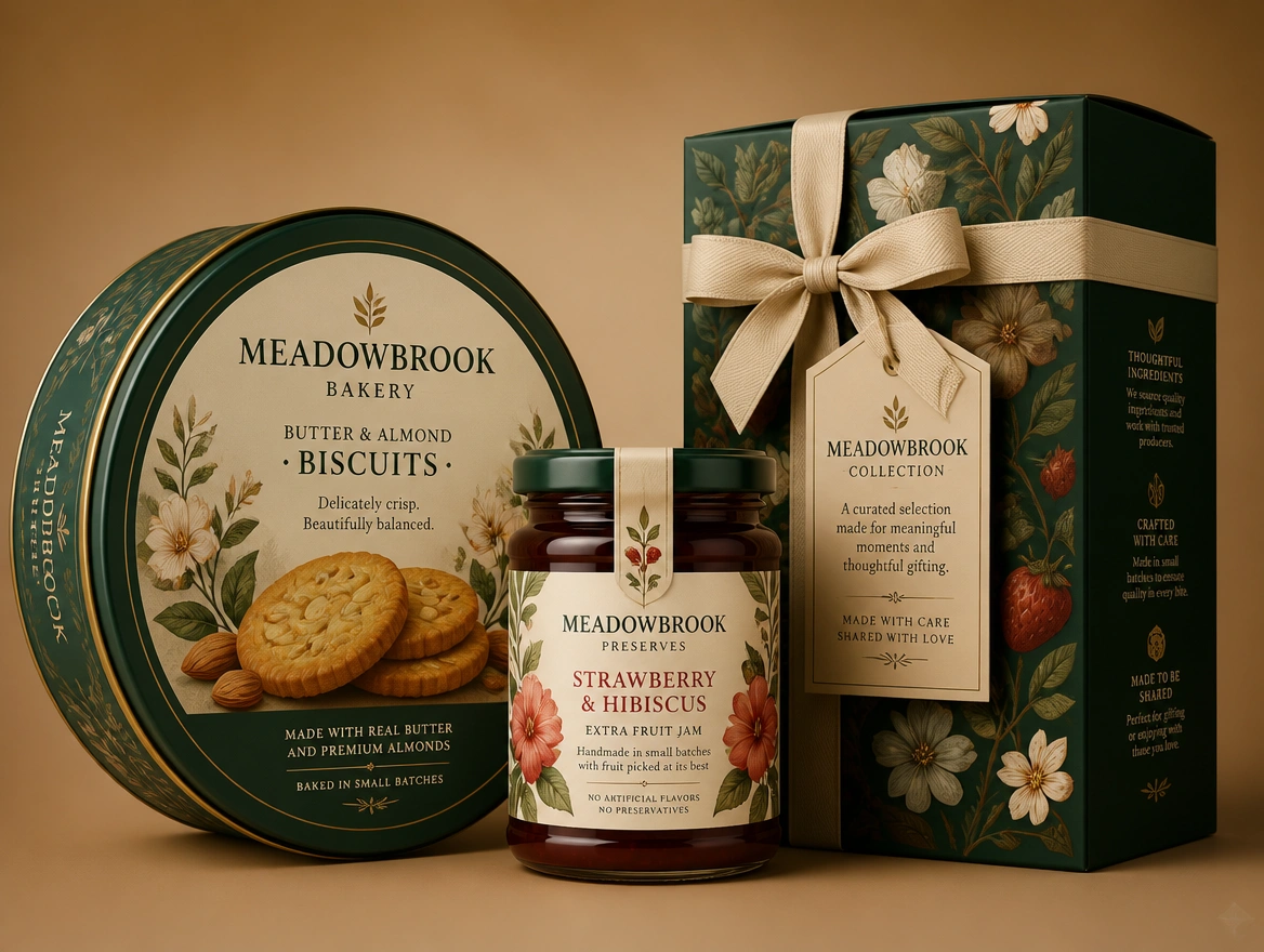 A biscuit tin, a jar label and a gift box for one Ipoh food brand laid out together