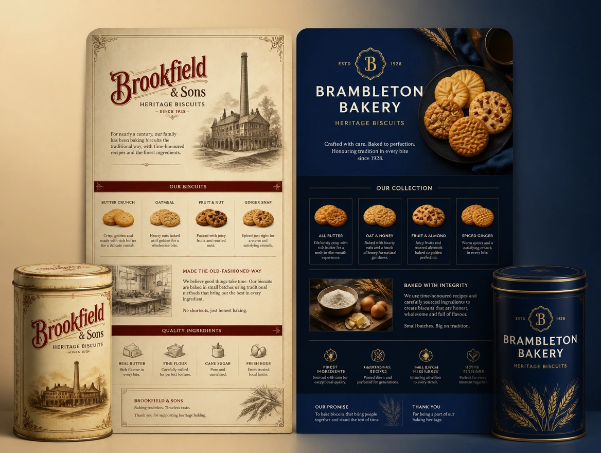 A before and after board for a heritage biscuit maker with the old tin beside the redesigned one