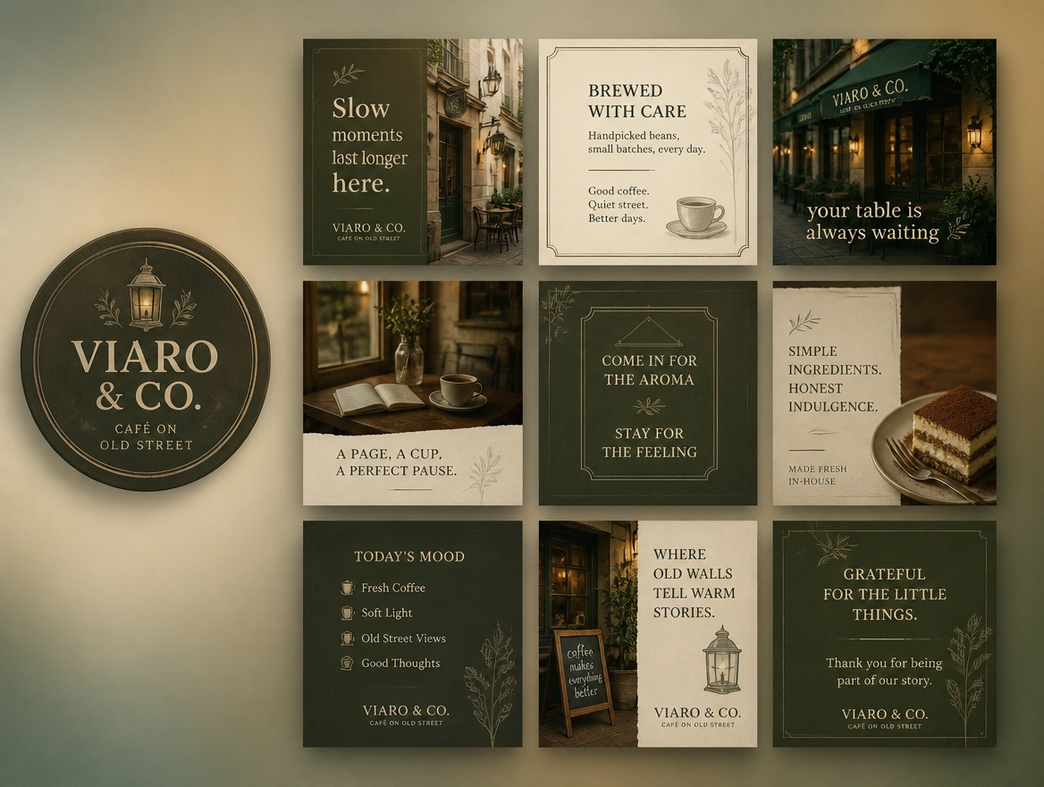 Nine social post templates in a grid beside a matching profile image for an Old Town cafe