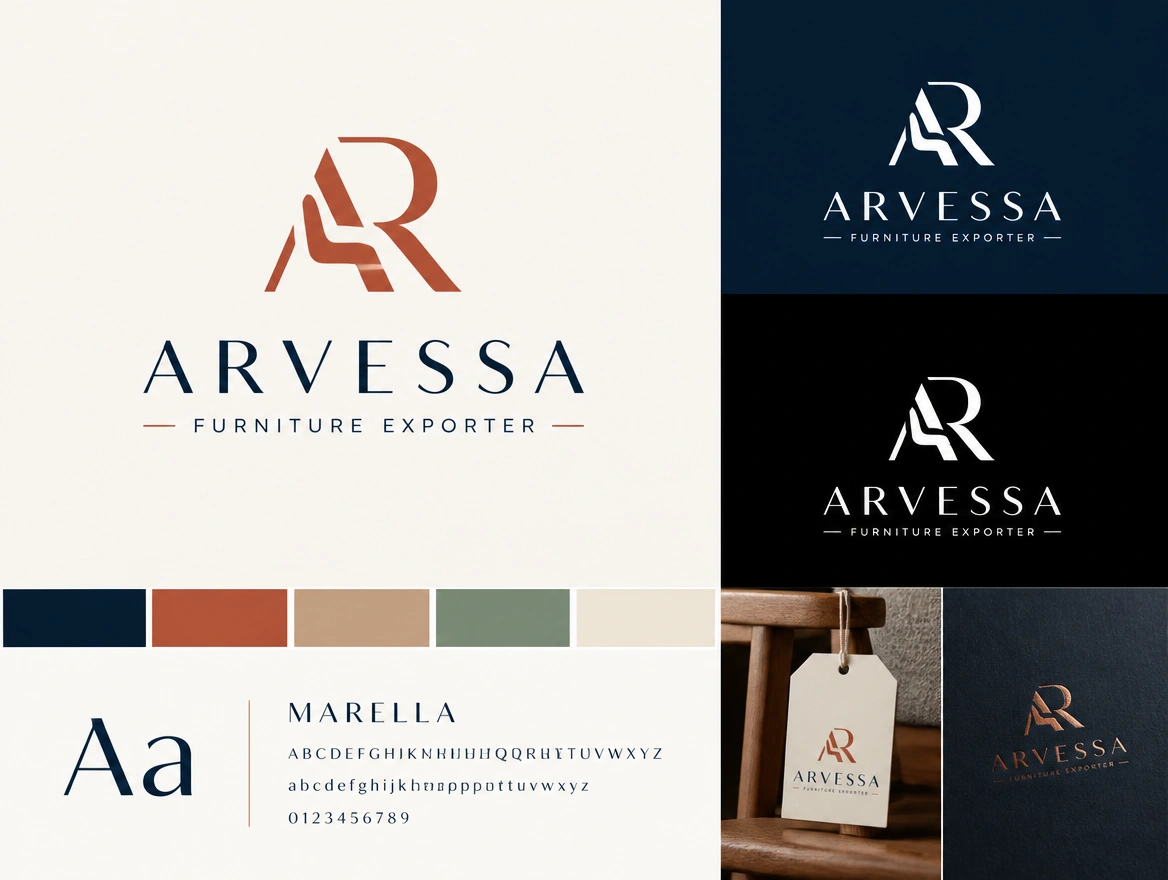A logo presentation board for a furniture exporter in colour, black and reversed white beside its palette