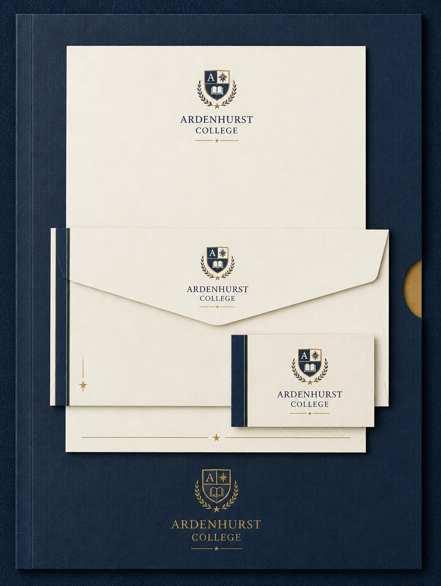 A tall stack of matching stationery for a private college, folder, letterhead, envelope and name card