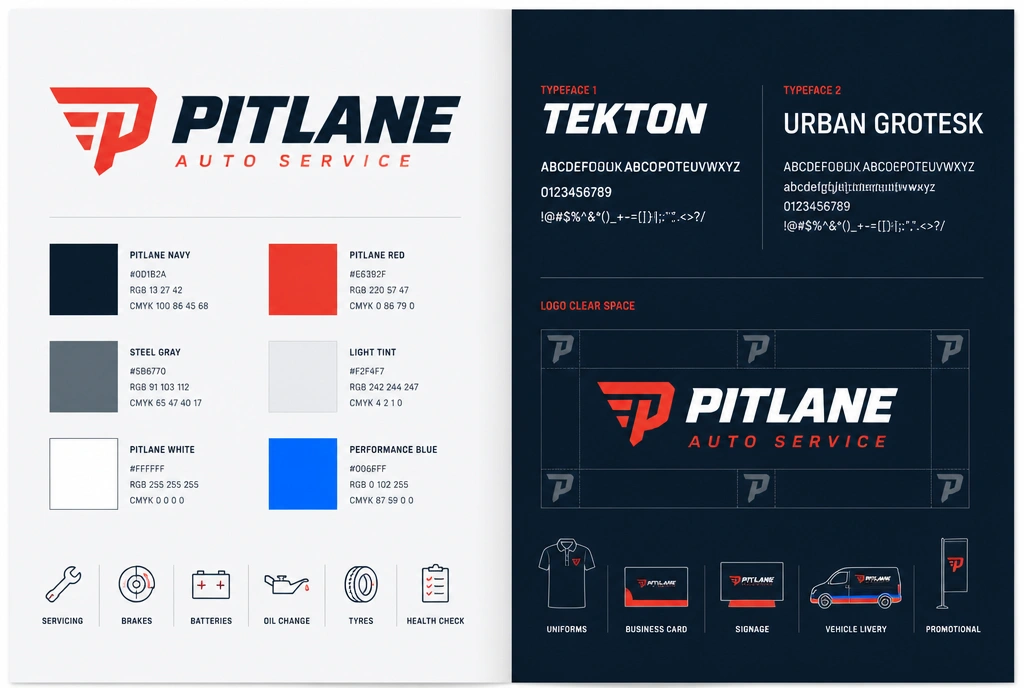 A brand guideline spread for a car servicing chain showing colour codes, type and clear space