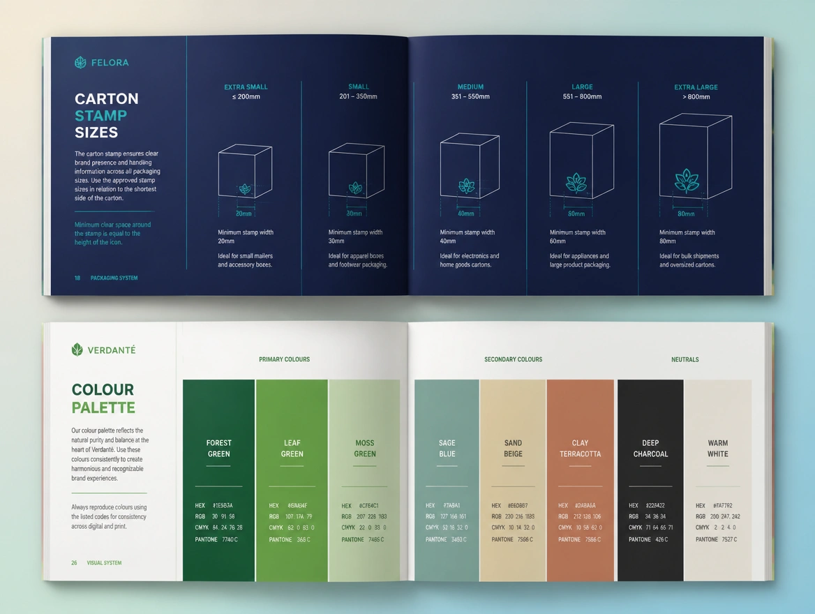 Two spreads of a brand guide showing carton stamp sizes and named colour codes