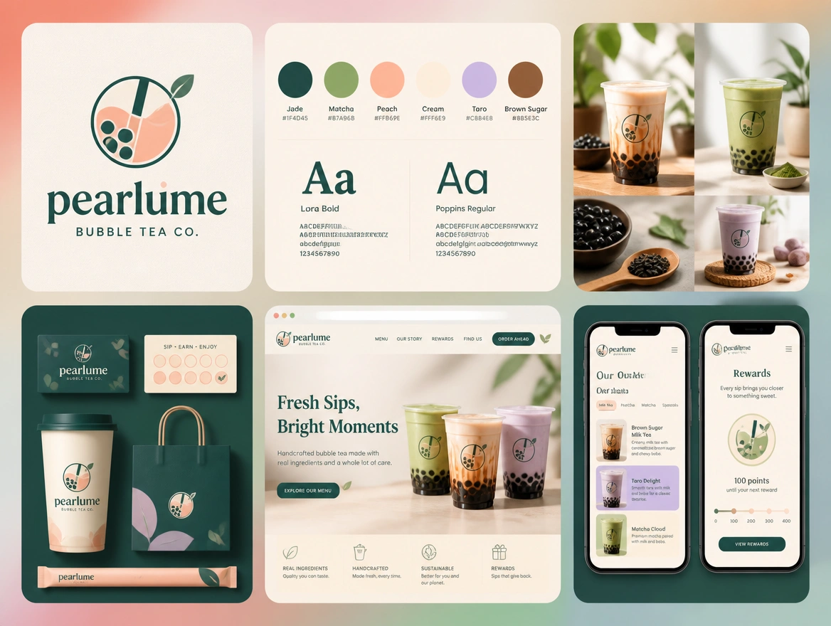 An identity board for a bubble tea chain pairing the logo with swatches, two typefaces and photo style