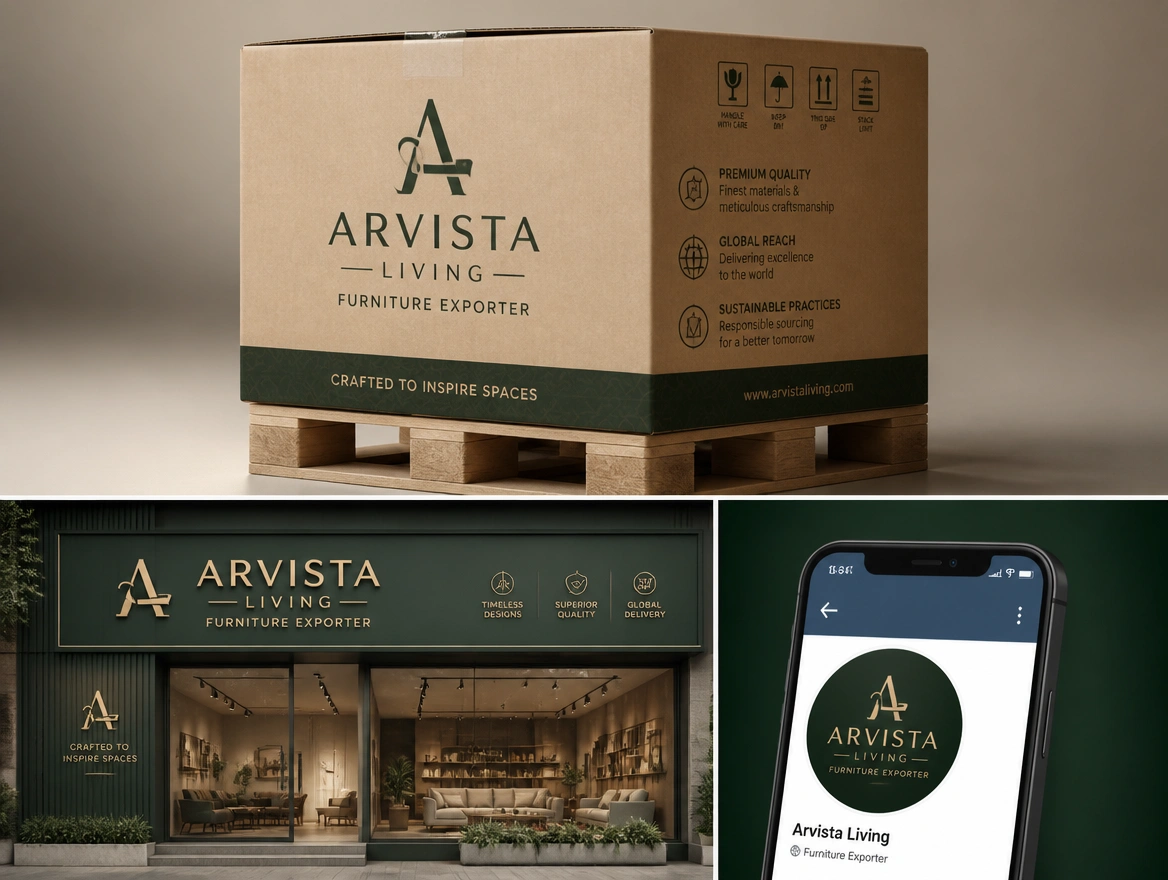 A furniture exporter logo shown on a shipping carton, a showroom fascia and a phone profile picture
