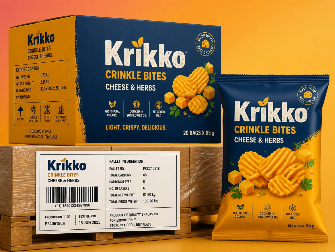 An export carton, a pallet label and a retail bag for one snack brand laid out together