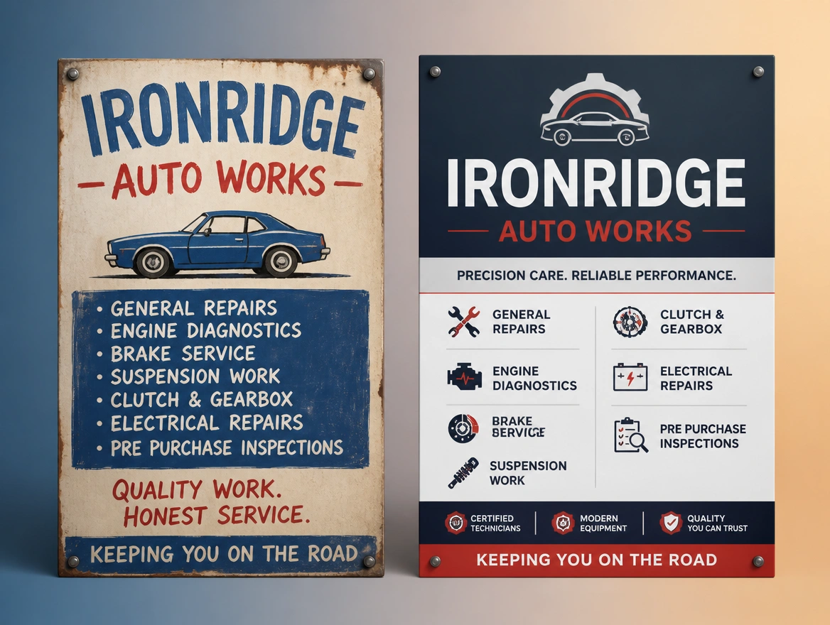 A before and after board for a car workshop with the hand-painted old sign beside the redrawn one