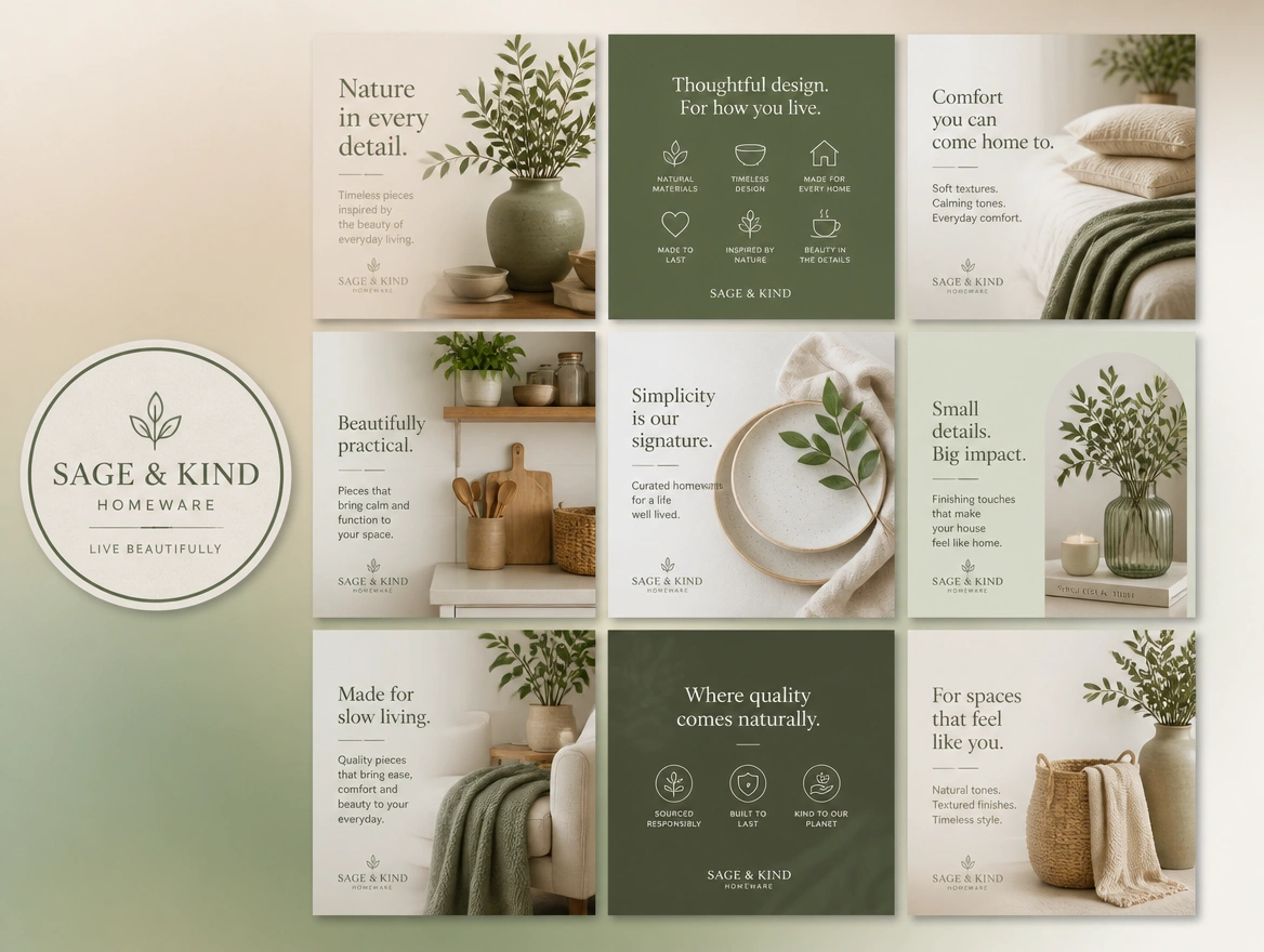 Nine social post templates in a grid beside a matching profile image for a homeware retailer