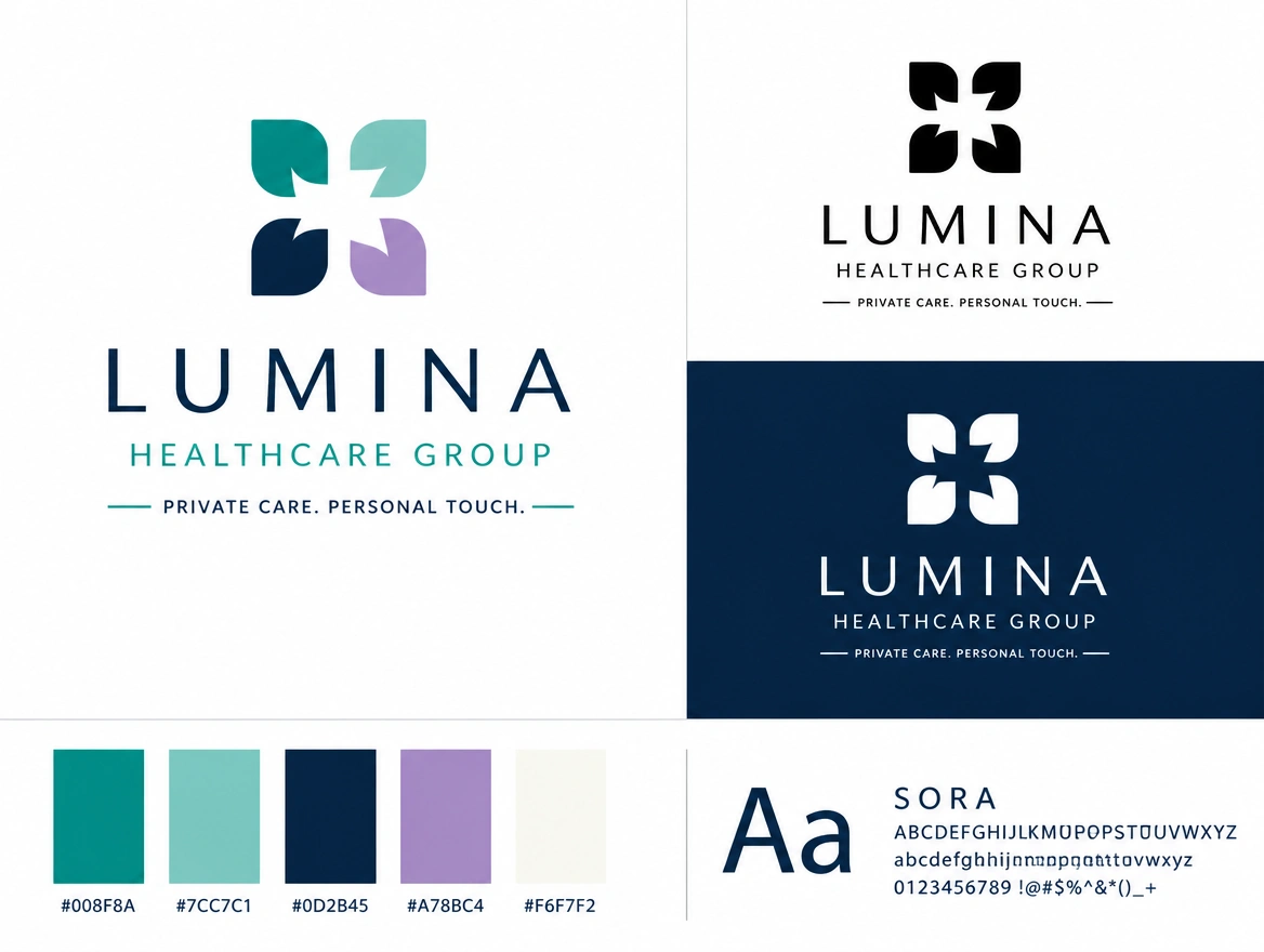 A logo presentation board for a private clinic group in colour, black and reversed white beside its palette