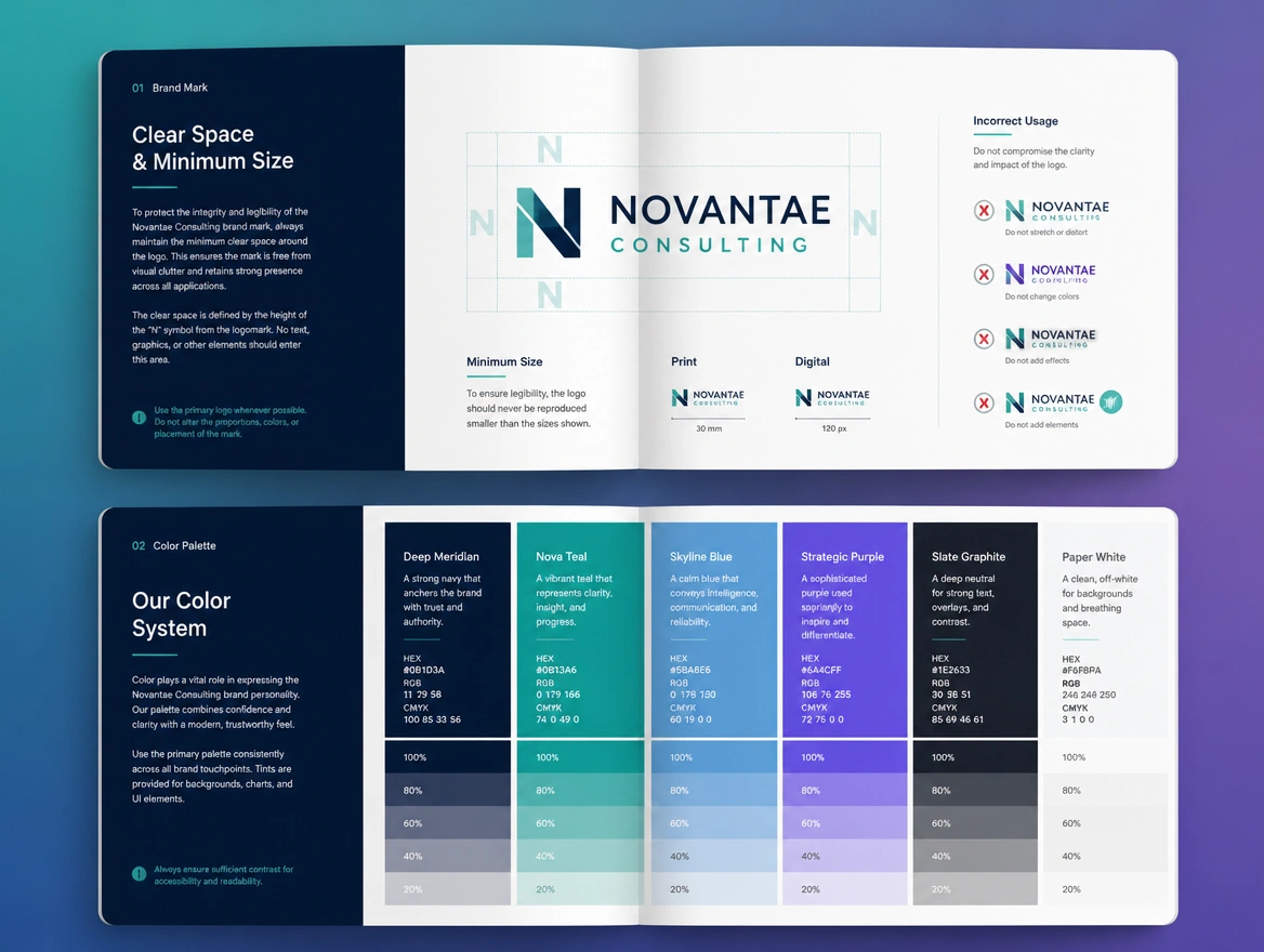 Two spreads of a brand guide showing logo clear space and named colour codes for a consultancy